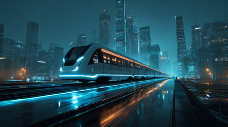 Futuristic train night city neon light modern architecture urban landscape wet street glowing reflection high speed transportation technologyの素材