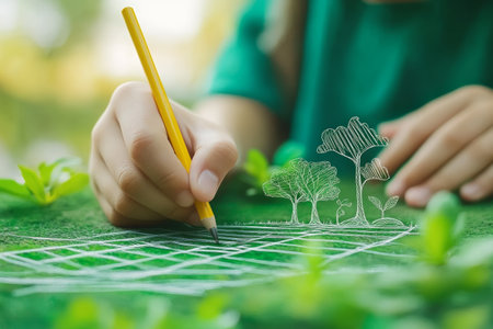 Child hand drawing trees sustainability ecology save environment concept green grass pencil nature hope future creative outdoorの素材