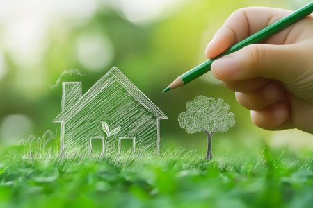 Hand drawing eco house, tree, and plant outline on green grass, symbolizing sustainability, ecology, and environmental conservationの素材