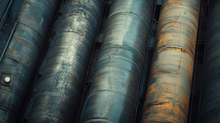 Large industrial pipes with weathered metal texture and rust, close up view, conveying aged, gritty atmosphereの素材