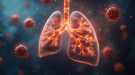 Human lung with infection virus particle respiratory disease inflammation medical illustration health risk microscopic view vivid colorの素材