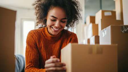 Young woman entrepreneur packing box, smiling, surrounded by cardboard boxes, small business owner, cozy home workspaceの素材