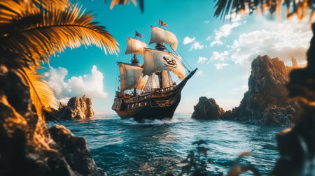 Pirate sailboat with skull flag sailing near rocky coast, tropical sea, dramatic sky, adventure, sunlight, palm leaves, vibrant moodの素材