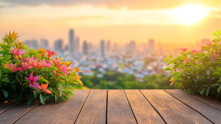 Wooden terrace pink flowers green plant city skyline urban rooftop sunset warm light peaceful outdoor summerの素材