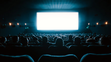Cinema audience movie theater screen viewing crowd dark interior immersive experienceの素材
