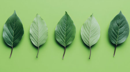 Fresh green leaf pattern repeating on bright green background, natural texture and calming moodの素材