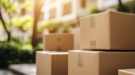 Cardboard box delivery stack outdoor sunlight eco friendly packaging morning sceneの素材