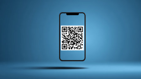 Smartphone displaying large QR code centered on screen with minimalist blue background and soft shadow, modern contactless technology conceptの素材