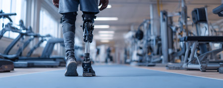 Amputee leg prosthetic walking in gym rehabilitation with determined expression, athletic training and mobility recoveryの素材