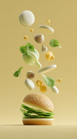 Floating burger ingredients neutral yellow background with lettuce bun cheese sauce mushroom garlic and leafy greens playful appetizing compositionの素材