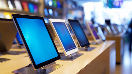 Tablet on display blue screen tablet white tablet touchscreen tablet store showcase consumer electronics retailの素材