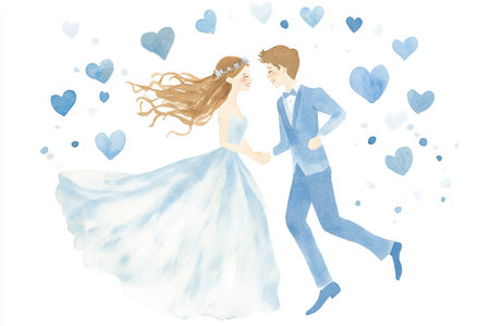 Watercolor illustration of bride and groom dancing surrounded by blue heart shapes and confetti, romantic joyful wedding sceneの素材