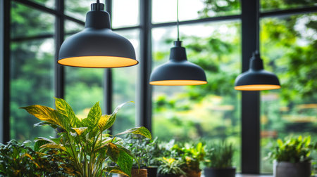 Modern indoor plant display with hanging pendant lights casting warm glow over lush potted foliage by large window, cozy natural workspaceの素材