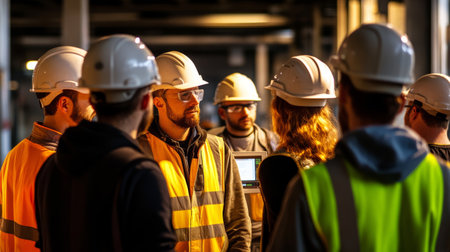 Construction worker meeting safety helmet high visibility vest teamwork discussion on site with tabletの素材