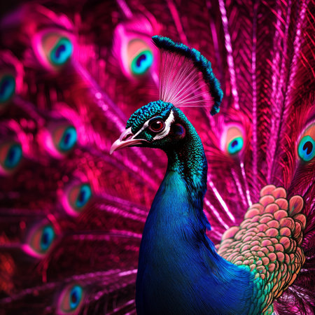 Vibrant peacock with iridescent blue and green feathers displays tail in dramatic, colorful, and exotic setting, evoking elegance and prideの素材