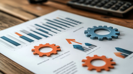 Orange gear blue gear financial chart business infographic growth arrow bar graph wooden desk calculator blurred brochure closeup strategy reportの素材