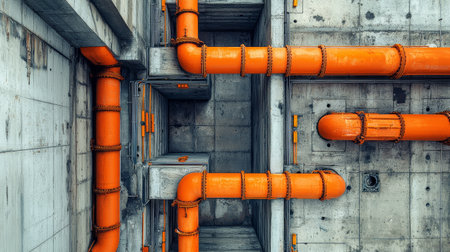 Industrial ceiling with exposed orange pipes, concrete structure, modern architecture, geometric pattern, urban style, vibrant moodの素材