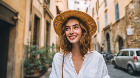 Young woman straw hat white shirt curly hair smiling outdoor old town summer casual street travelの素材