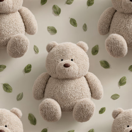Soft beige teddy bear plush toy surrounded by green leaves, cute and cozy, perfect for children, nursery, or playful decorの素材