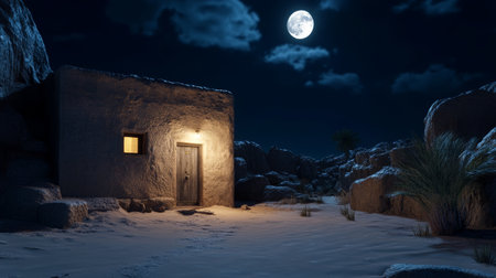 Desert house illuminated by warm light under full moon, night sky, rocky landscape, serene and peaceful atmosphereの素材