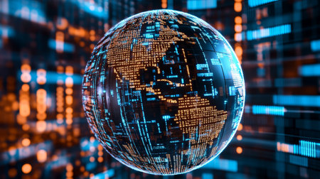 Digital globe of binary code glowing with blue and orange cyber network lights, futuristic data visualization and global connectivityの素材