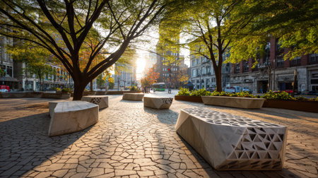 Modern bench geometric pattern urban park sunlight tree cityscape autumn peaceful outdoor architectureの素材