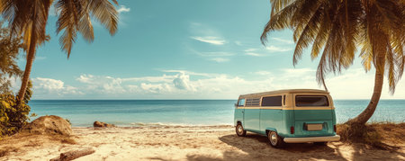 Vintage van tropical beach palm tree blue sky ocean sand summer travel relaxation adventureの素材