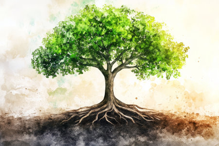 Lush green tree with exposed roots in watercolor painting evoking serenity and growthの素材