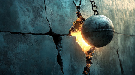 Wrecking ball chain cracked wall destruction demolition concrete breaking impact glowing dramaticの素材