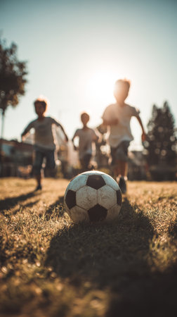 Children soccer ball on grass at sunset with kids running toward camera smiling and energeticの素材