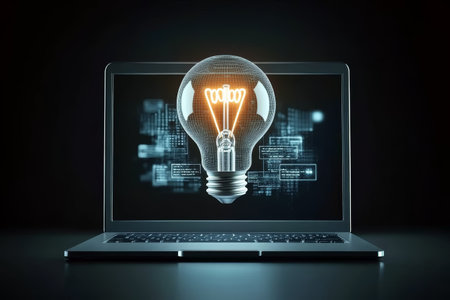 Bright idea concept laptop with glowing light bulb hologram and floating code panels conveying innovation and technologyの素材