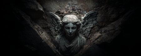 Ancient stone angel sculpture with weathered wings and textured wall, moody dramatic lighting evokes solemn atmosphereの素材