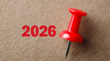 2026 red year number on brown paper with red push pin marking future plans and reminder feelingの素材