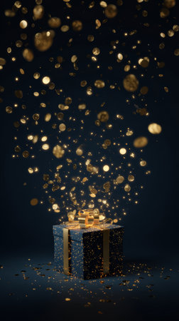 Gold confetti gift box celebration sparkle festive surprise glowing ribbonの素材