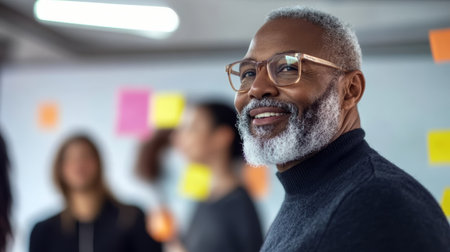 Senior businessman brainstorming with team in modern office, smiling and confident while discussing ideasの素材