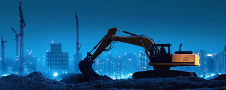 Nighttime excavator digging earth at city construction site under blue skyline, dramatic lighting and industrial atmosphereの素材