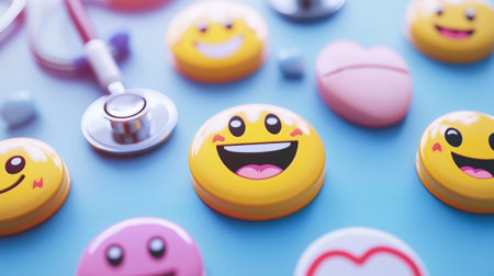 Happy emoticon badge smiling face hearts stethoscope medical wellness emoji pill pink heart blue backgroundの素材