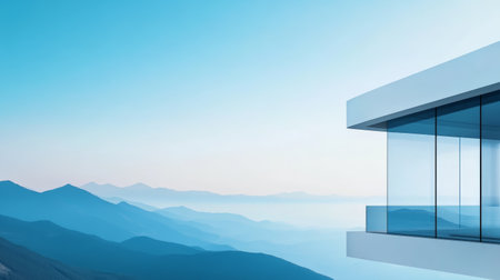 Modern minimalist glass balcony overlooking layered blue mountain range at sunrise with calm atmosphereの素材