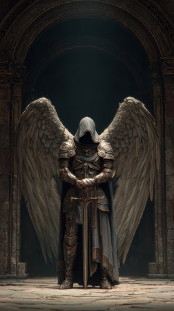 Mysterious hooded angel in armor kneeling with sword in ancient archway, dramatic light, solemn expressionの素材