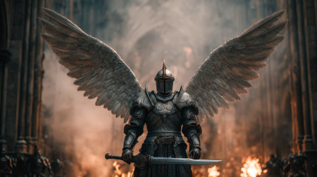 Armored angel warrior winged knight sword cathedral aisle dramatic lighting smoke fire medieval armor metal helmetの素材
