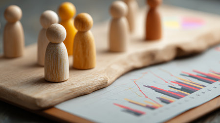 Wooden figurine group on board with colorful business chart and blurred figures conveying teamwork and strategyの素材
