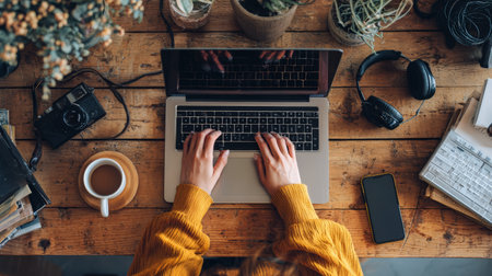 Cozy workspace laptop wooden table coffee cup hands typing headphones smartphone cameraの素材