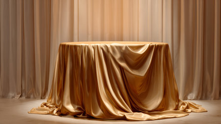 Golden satin draped round tablecloth on stage with soft curtain backdrop, warm lighting evokes elegant luxurious atmosphereの素材