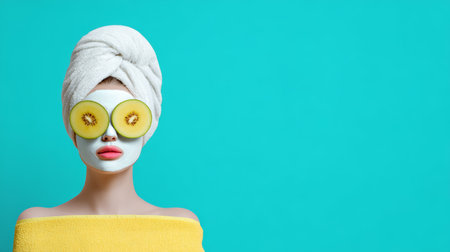 Facial mask with kiwi slices spa towel citrus skincare beauty routine turquoise background woman with maskの素材