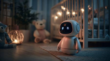 Robot toy night nursery robot toy nursery baby room soft light crib teddy bear night light children toy futuristic toy small robot indoor cozyの素材