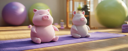 Pink pig toy yoga mat meditation piglet figurine wellness gym relaxationの素材
