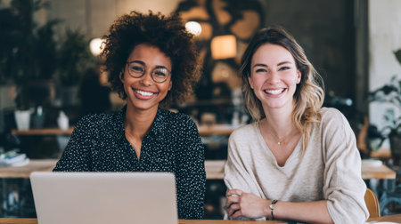 Two women smiling at camera in cozy cafe with laptop and warm lighting, friendly collaboration and relaxed atmosphereの素材