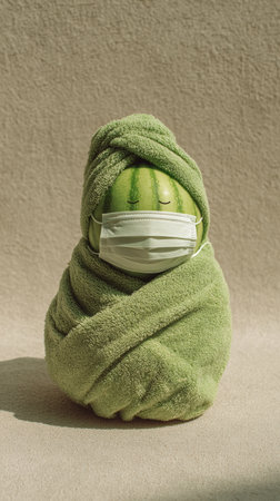 Green towel wrapped watermelon wearing medical mask, serene face expression, soft studio lighting, cozy wellness vibeの素材