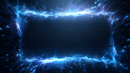 Electric blue lightning frame glowing around dark center, dramatic energy border with electric sparks and motionの素材