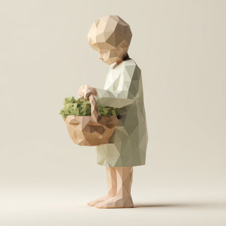 Young child holding basket of flowers in soft minimal setting with warm neutral tones and gentle moodの素材